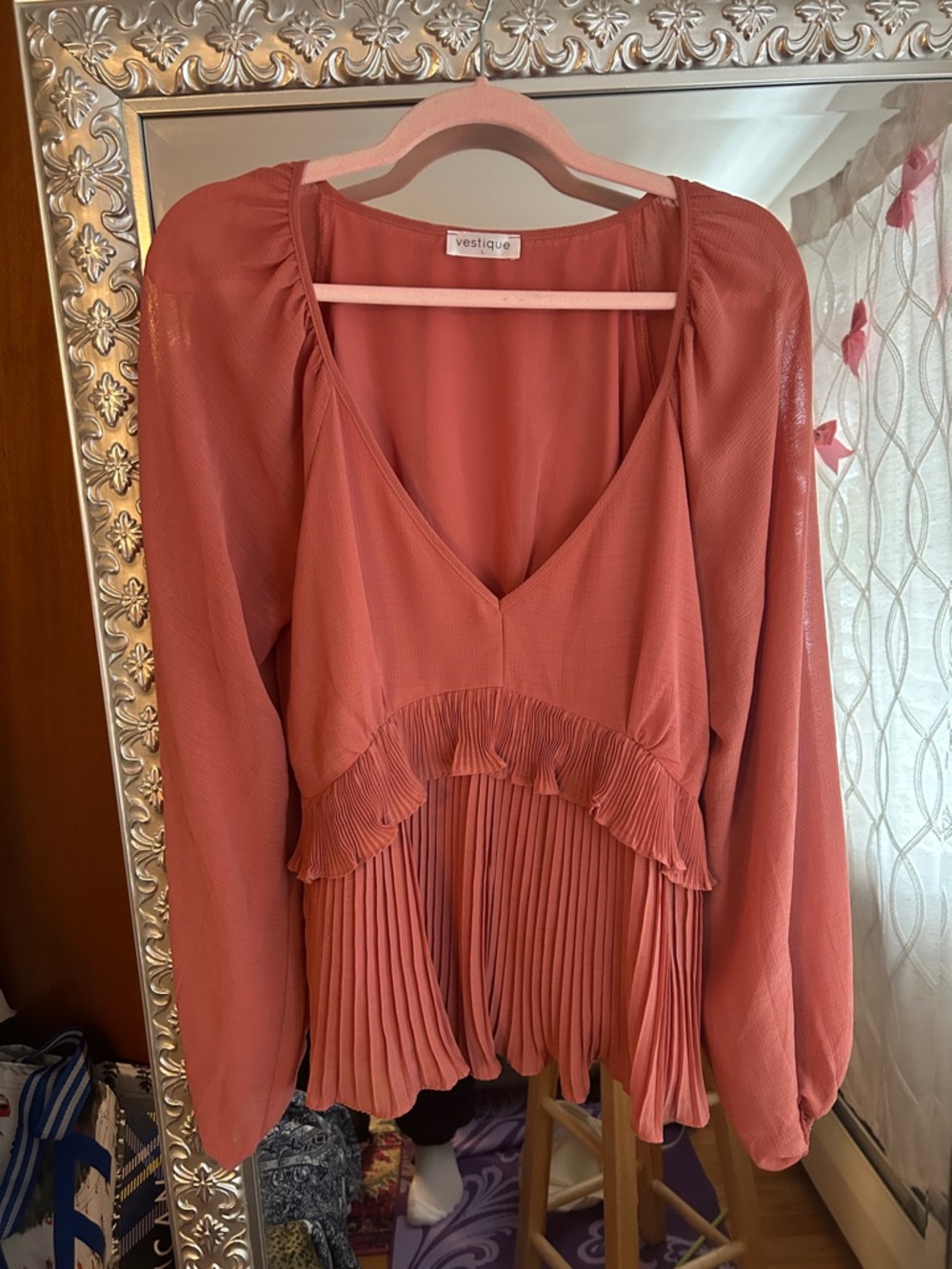 Vestique Rust Pleated V-Neck Long Sleeve Blouse
